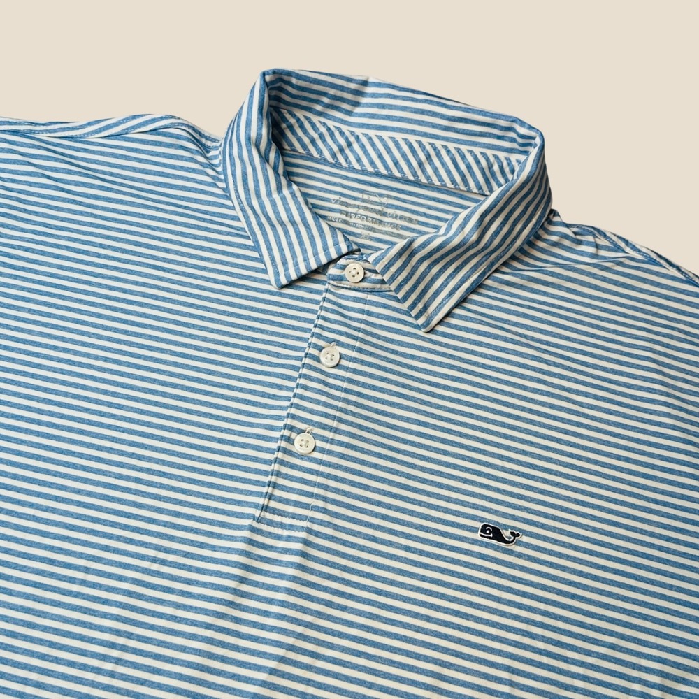 Vineyard Vines Polo Shirt Mens XL Performance Blue White Striped Short Sleeve